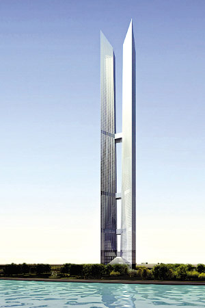 韩国仁川计划修建高达614米的双子大楼.(效果图)