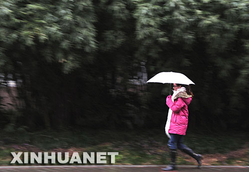 1月28日,一位女士在雨雪中行走。
