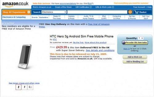 7月15日到货 HTC Hero预购价格4800元