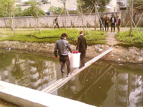 村民通过两根并排直径约10厘米铁管过河(图)