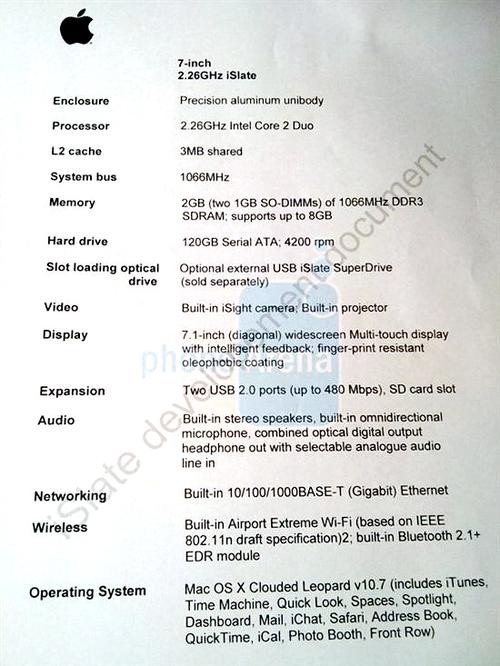 亦真亦假 苹果平板电脑配置单谍照曝光