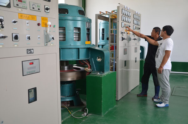 8月21日,庆安博林清洁能源发电车间,技术人员观察水轮发电机组运转