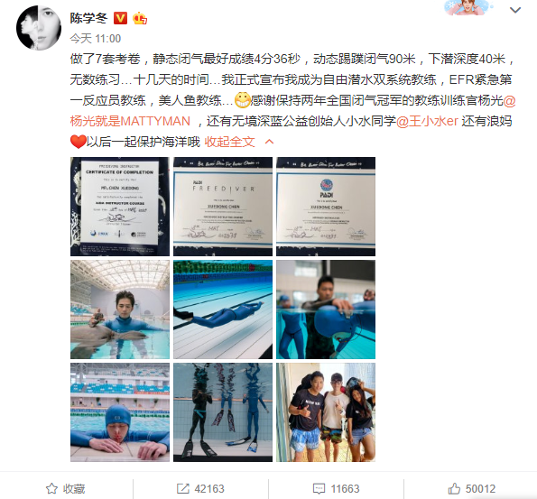 厉害陈学冬考取自由潜教练证大展专业泳姿