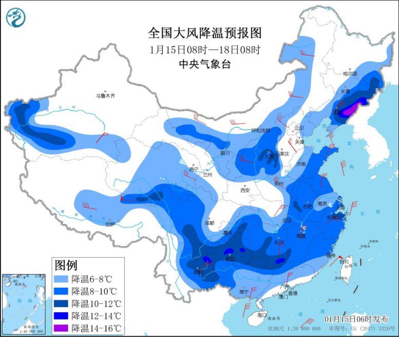 强烈的冷空气继续影响我国大部分地区，东部和南部海域都有强风