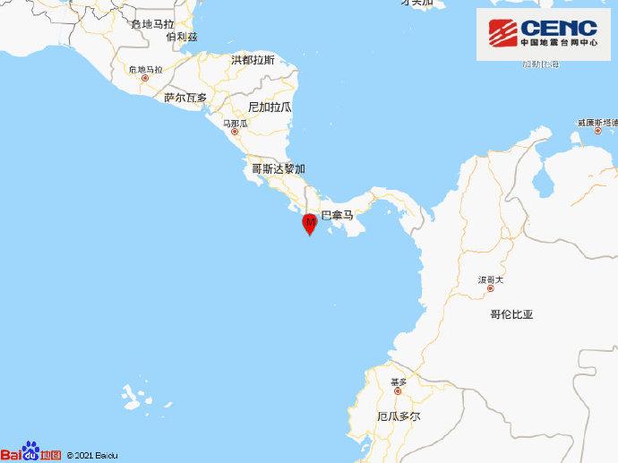 巴拿马以南海域发生68级地震震源深度10千米