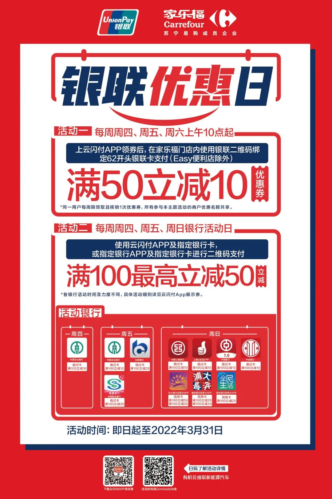 具体银行活动需登录云闪付app查询(云闪付app-搜索"家乐福"-点击对应